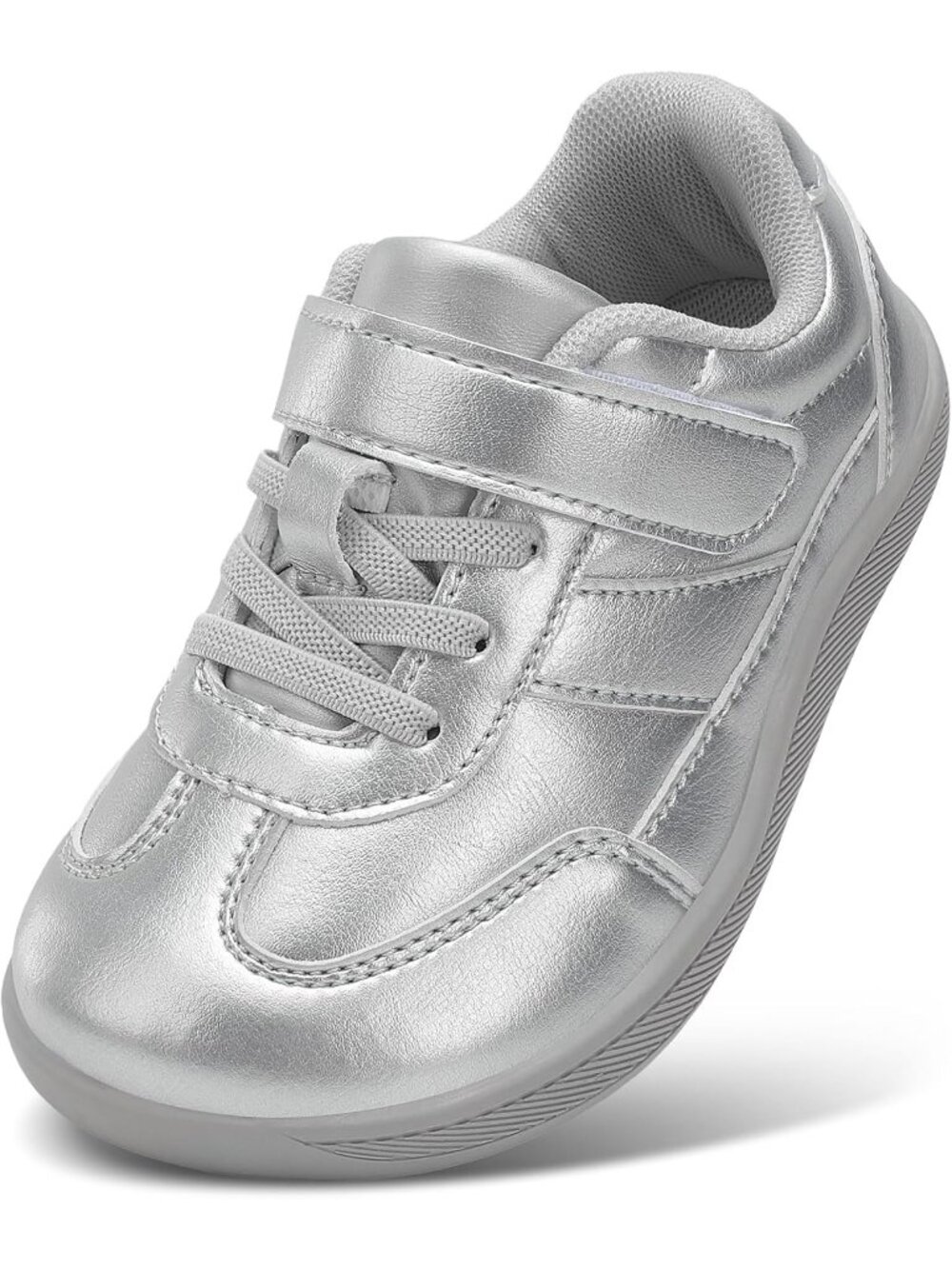 Toddler Silver Faux Leather Boys Girls Wide Toe Zero Drop Barefoot Shoe Sneakers